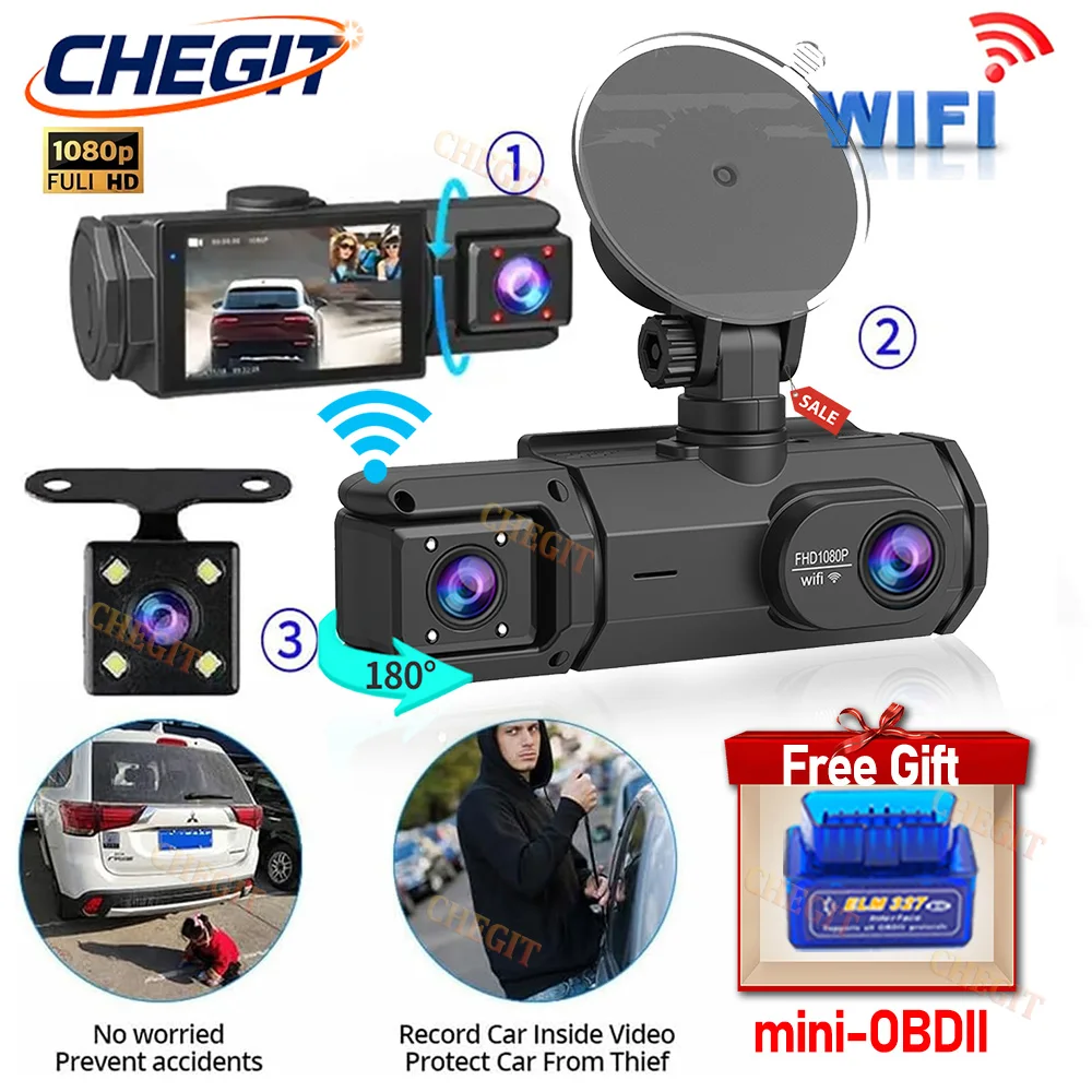 3 Channel WIFI Dash Cam With OBD2 1080P Video Recorder Front Rear Camera Dashcam Black Box Car DVR Optional Rear View Camera