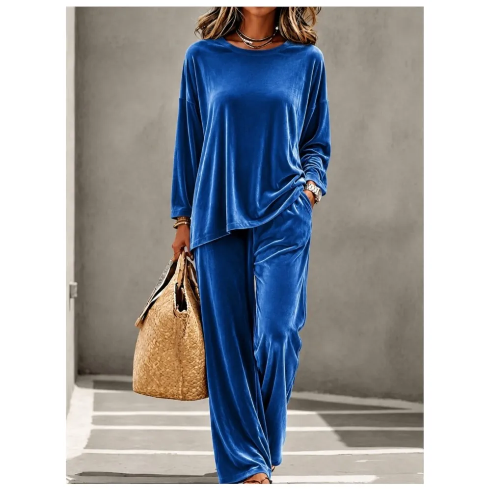 Autumn New Gold Velvet T-shirt Long Sleeve 2-piece Set Women's Casual Retro Loose Simple Wide Leg Pocket Pants Female Daily Suit