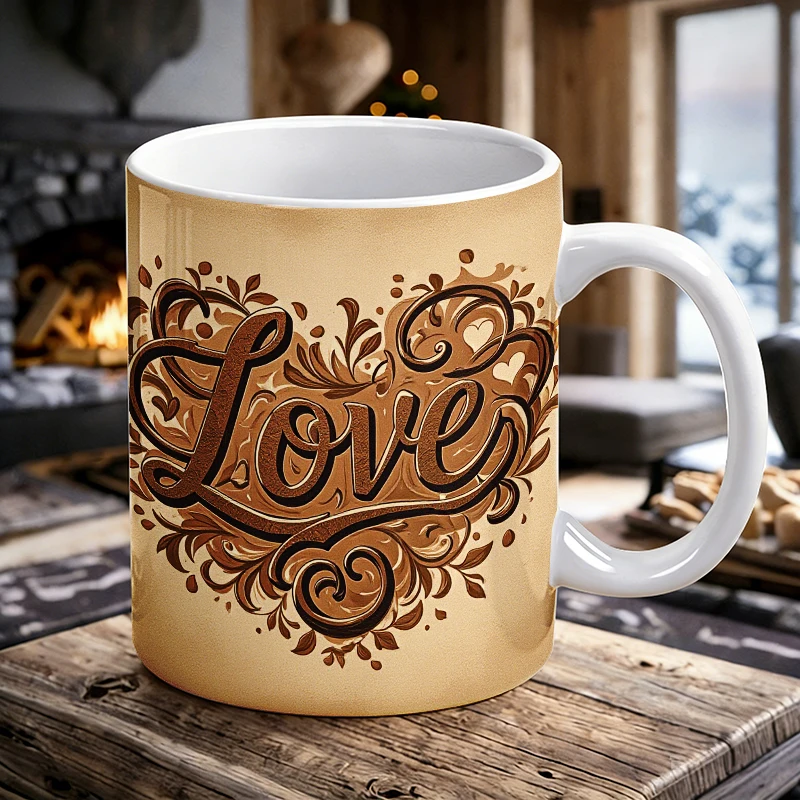 

1pcs Vintage Carved Scroll Floral Heart Ceramic Cup with Handle, Creative Coffee Cup, Milk Cup, Office Tea Cup, Drinking Cup