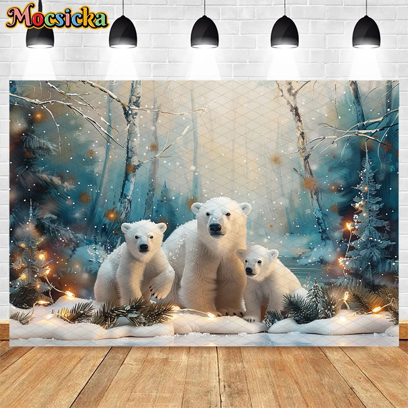 Mocsicka Winter Forest Photography Backdrops Polar Bear Snowflake Christmas Decor Child Adult Portrait Background Studio