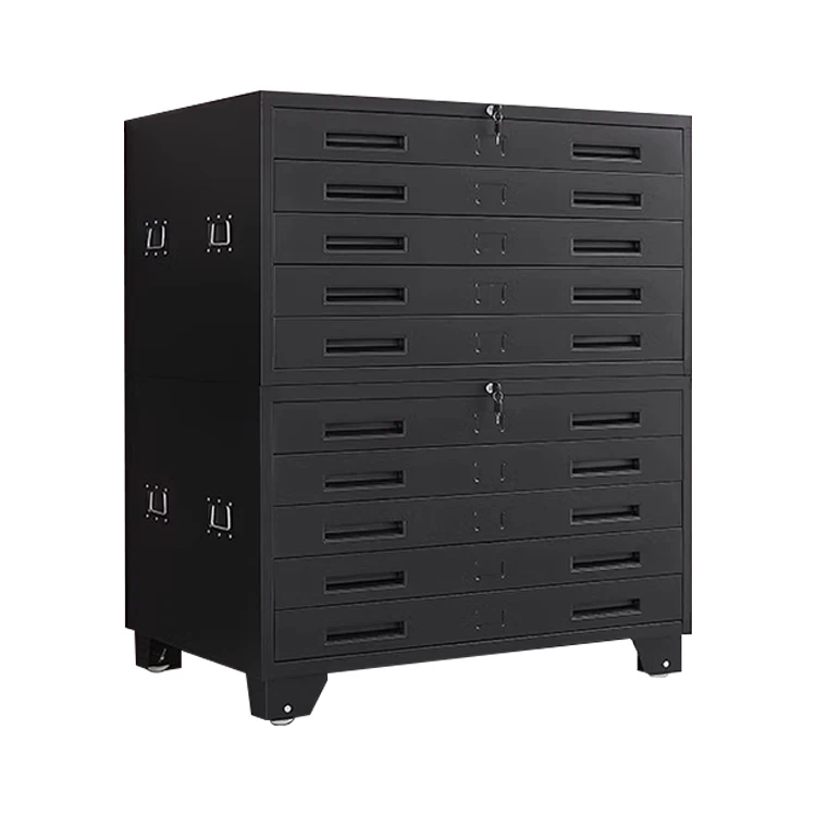 

10-Drawer Black Horizontal Steel Flat File Cabinet for Map Drawing & Blueprint Storage Low Base-for Hotels