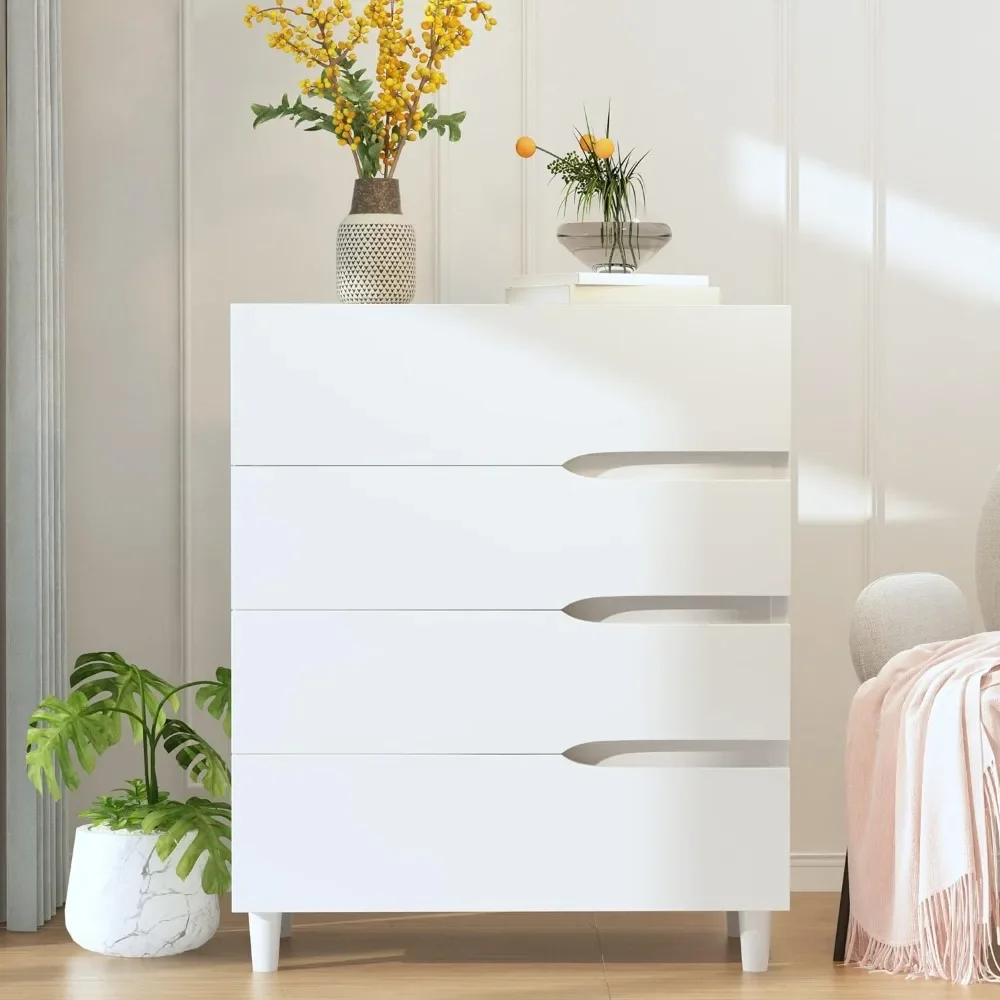 

4 White Drawer Dressers for Bedroom, Wooden Chest of 4 Drawers, Modern Wide Storage File Cabinet Unit Nightstand for Bedroom