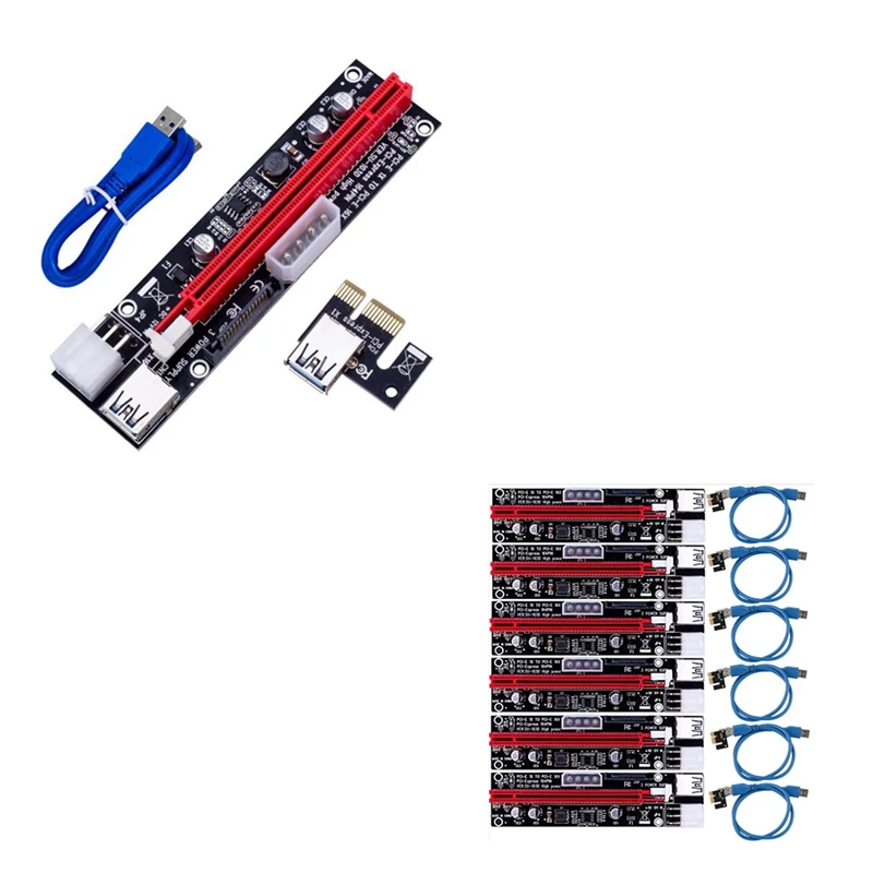 NEW-VER103D 3In1 Power PCI-E Riser การ์ด LED 4Pin 6Pin Sata 15Pin PCIE 1X To 16X60 ซม.สายสําหรับ Bitcoin Miner