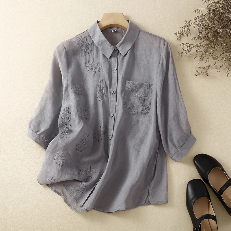 Vêtements d'été irt brodés en coton et lin de couleur Pure, coupe cintrée, haut du corps Seven Sve, ourlet fendu simple