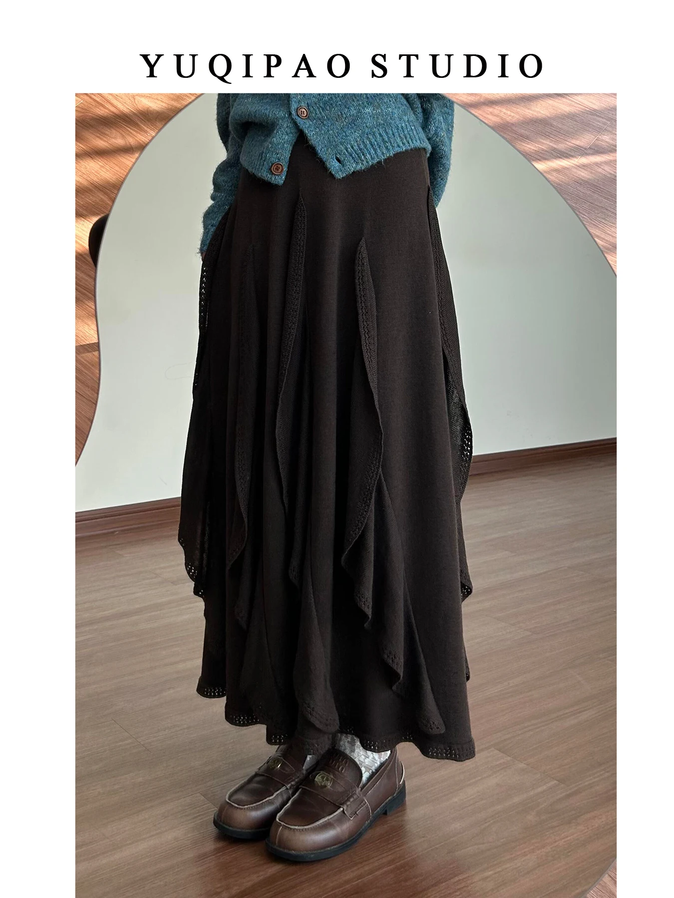 

plus Size Knitted Asymmetrical Skirt Women's Spring Autumn Fatter Slimmer A-Line Long Skirt Floral Lace Hem High Waist