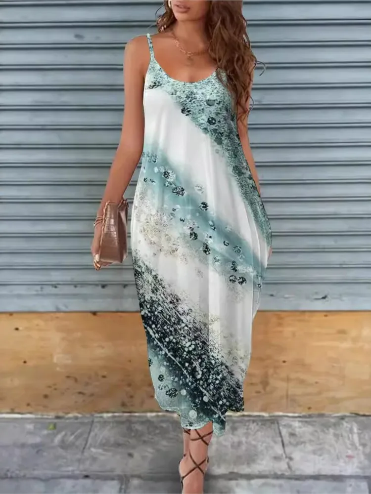 Boho Print Dress For Women Fashion Sleeveless Spaghetti Strap V Neck Dresses Robe Femme Casual Holiday Beach Womens Clothing New