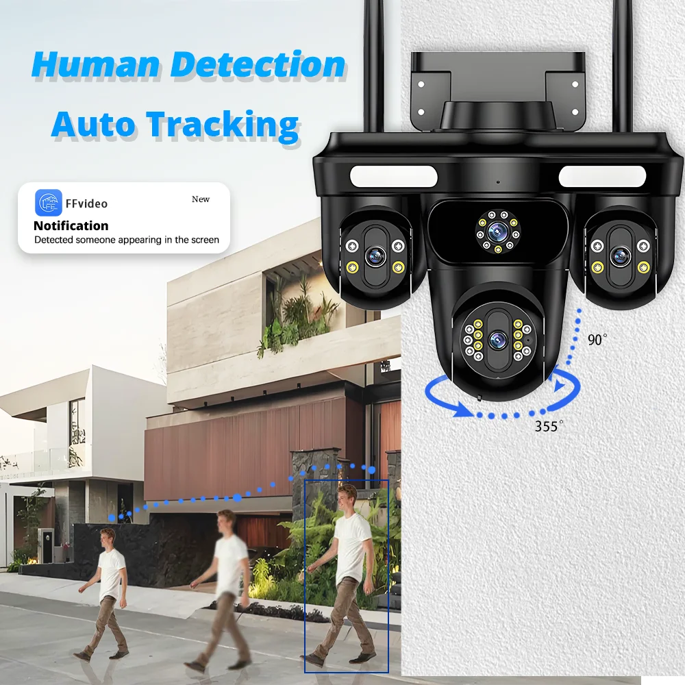 8K 4-Lens Outdoor PTZ Two Way Audio CCTV Security Camera16MP with AI Tracking IP66 Waterproof WiFi Cloud Storage for FFvideo