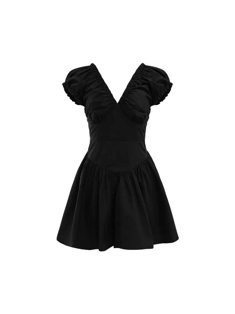 Chic Ruffle V-Neck Mini Dress Women Puff Sleeve Slim Little Black Dress Summer Casual Short Skater Dress Petite Girls Date Look