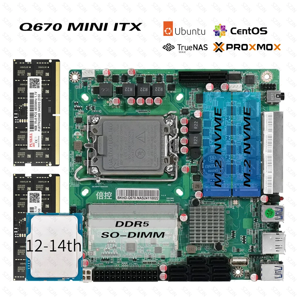

NAS Set Q670 MINI ITX Материнская плата Процессор Combo vPRO с 12-й ядром DDR5 16-32G 4800 МГц Поддержка 2xM.2 NVME 8xSATA3.0 Домашний сервер