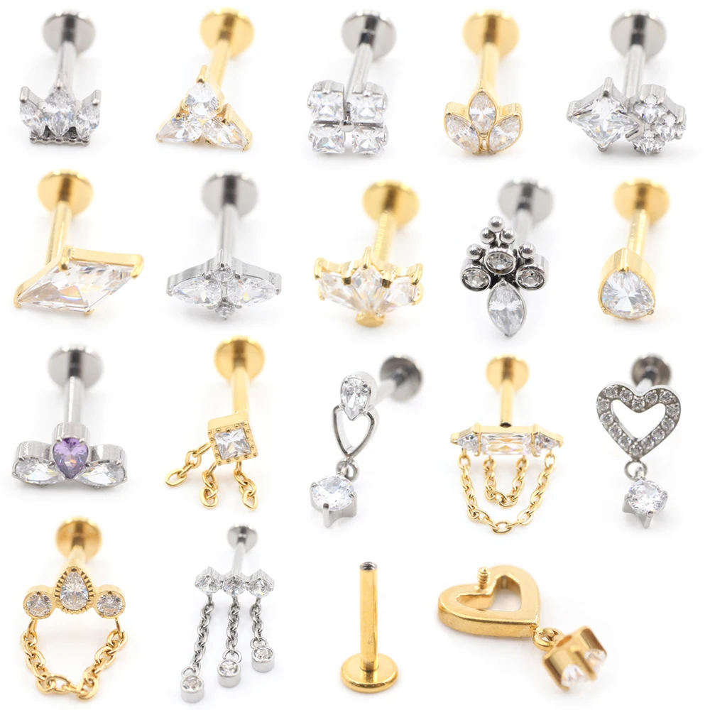 ハートチェーン付きチタンジルコニアイヤリング,耳珠,唇,軟骨,ピアスジュエリー,水滴,四角いひし形の目,1個