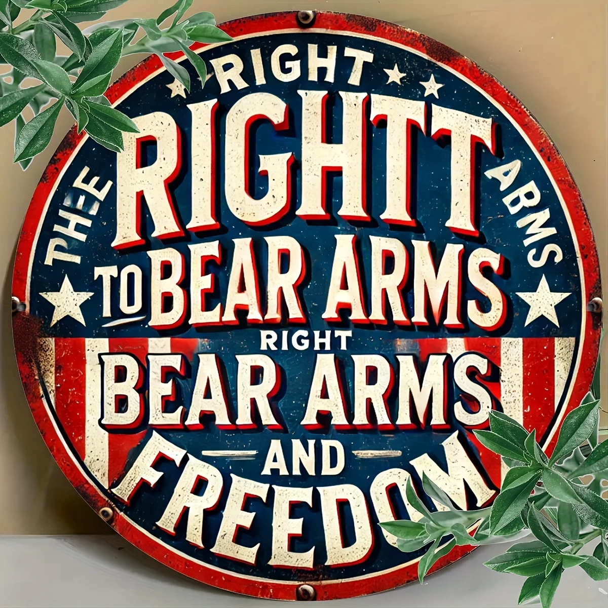 2D-Wandkunst – Vintage-Metallschild „Right to Bear Arms“, 19,81 x 19,81 cm, rundes Aluminiumdekor, ideal für Schlafzimmer, Wohnzimmer, Zuhause