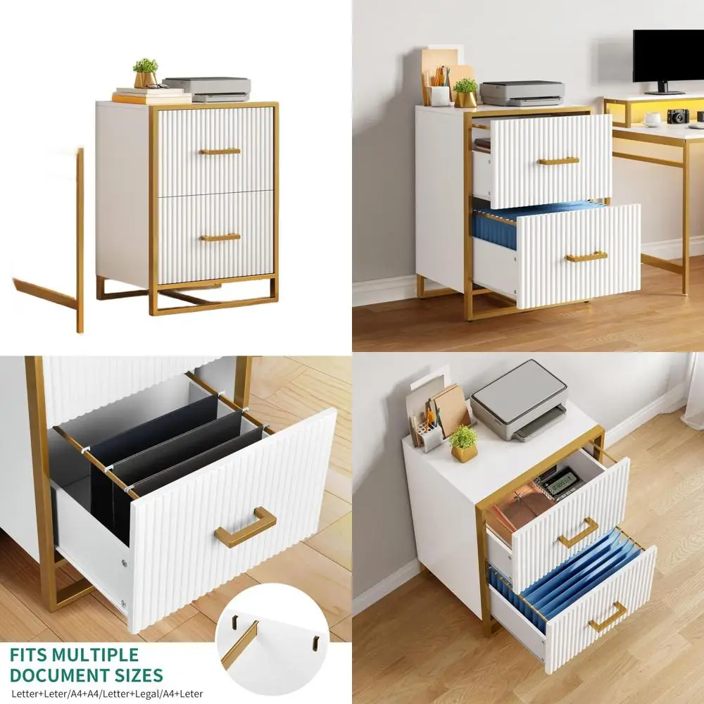 

Белый и золотой боковой шкаф для документов с 2 ящиками для хранения домашнего офиса