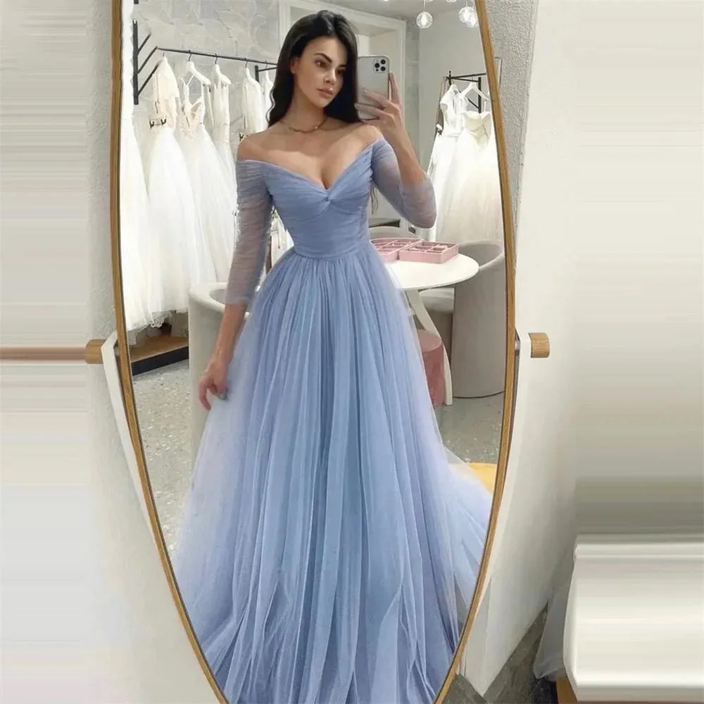 Disesuaikan bayi biru A-line gaun malam lengan panjang gaun Prom seksi V-neck gaun pesta elegan Tulle gaun Prom 2024