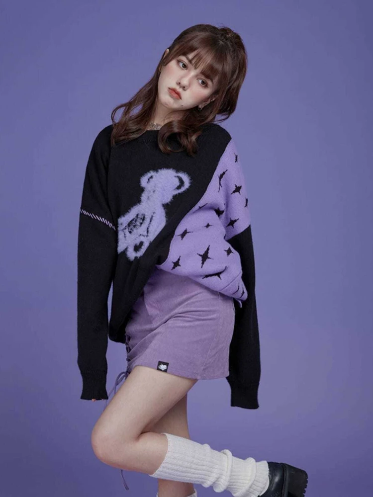 2024 Spring Sweater Women Bear Star Print Patchwork  Loose Harajuku Grunge Pullover Korean Japan Thick Streetwear Jumper