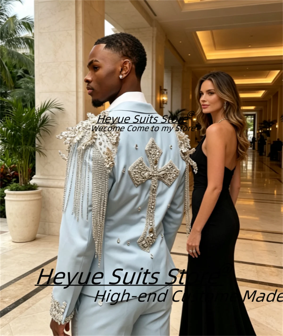 Light Blue Men Suits Luxurious Silver Rhinestone Tassel Cross Embroidery Groom Wedding Tuxedos 2Pieces Sets Formal Costume Homme
