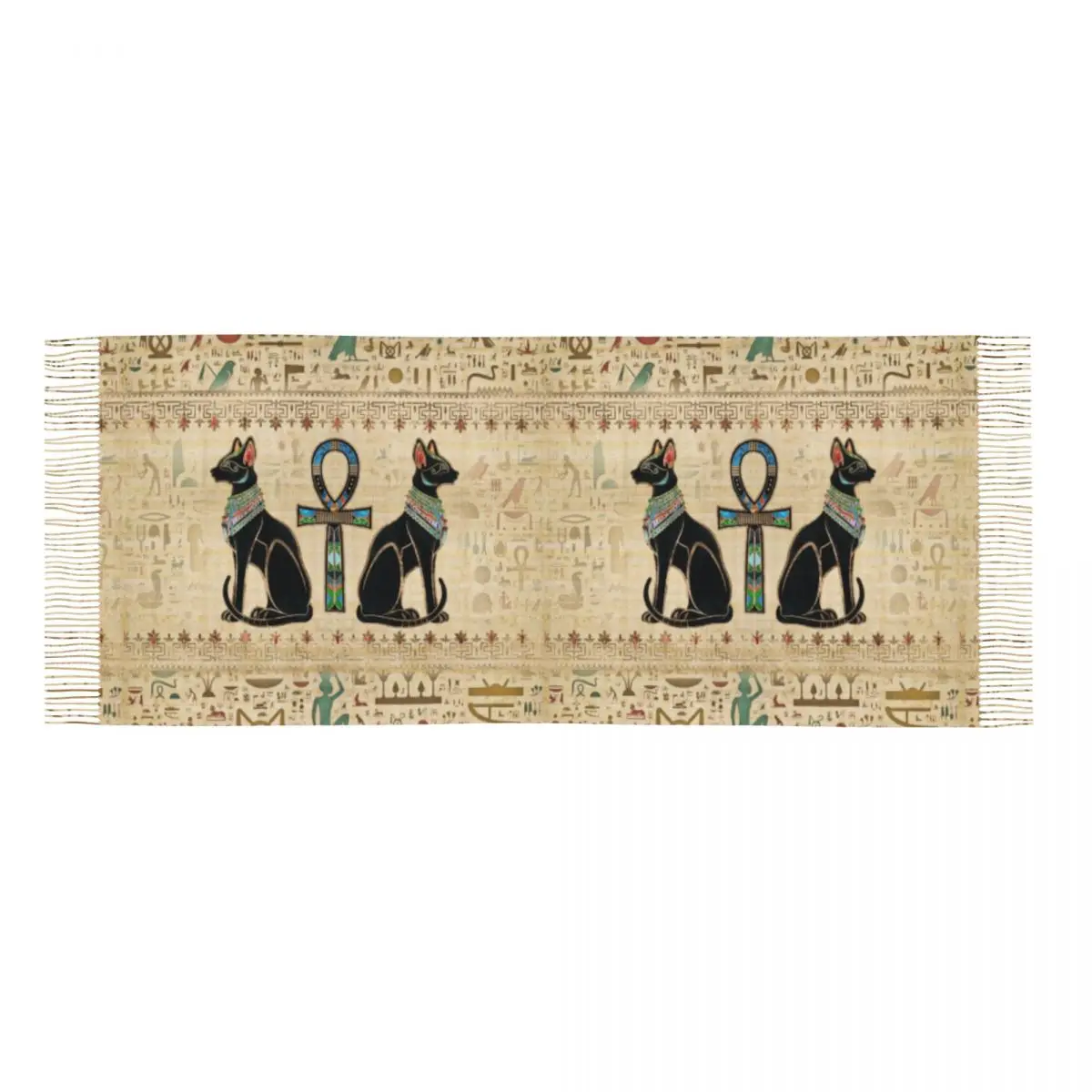 Egyptian Cats And Ankh Cross Tassel Scarf Women Soft Horus Eye Egypt Hieroglyphic Shawl Wrap Female Winter Scarves