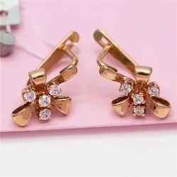 585 Purple Gold Earrings for Women Fashion Plated 14K Rose Gold Inlaid Crystal Bowknot Earings Classic New in Jewelry
