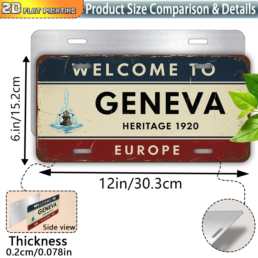 2D Flat - Single Item Packaging, 2D Flat Printing, Vintage Aluminum Sign, Outdoor Wall Decoration, Welcome to Geneva, Home Decor