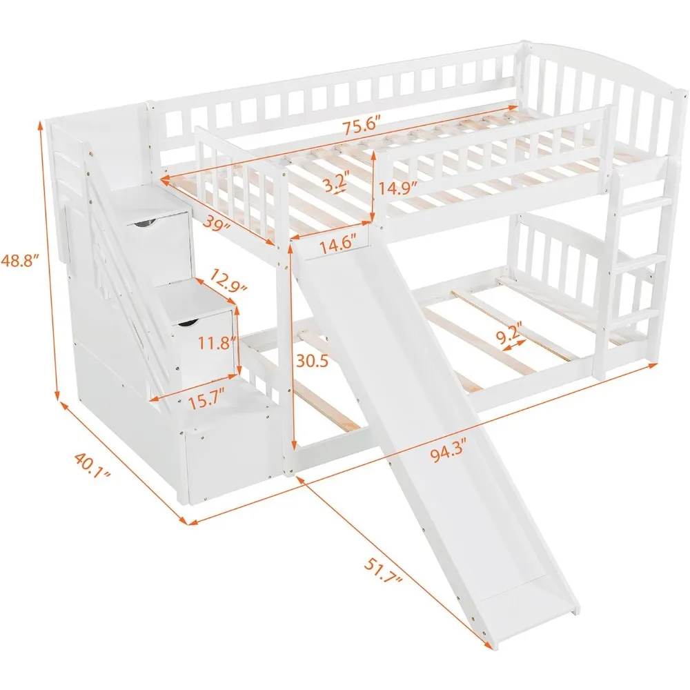 Beliche com slide duplo sobre beliche baixo duplo com gavetas de armazenamento escada beliche de madeira para crianças meninos meninas