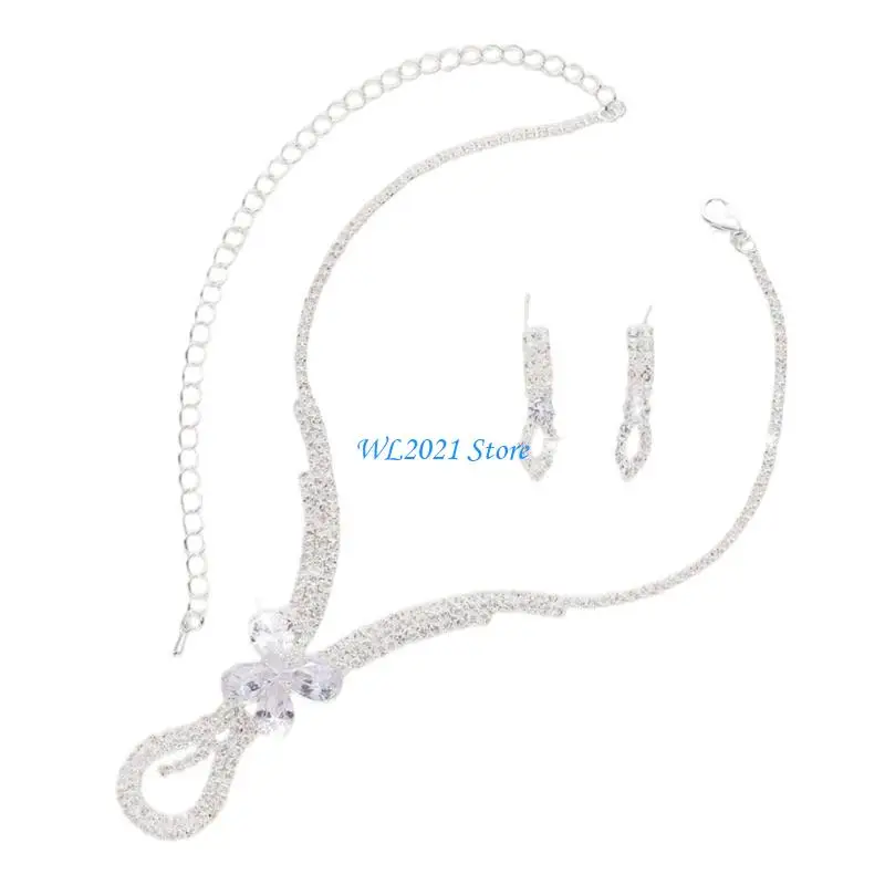 

G5GC Stylish Bridal Necklace and Earrings Set Clear Rhinestones Wedding Jewelry