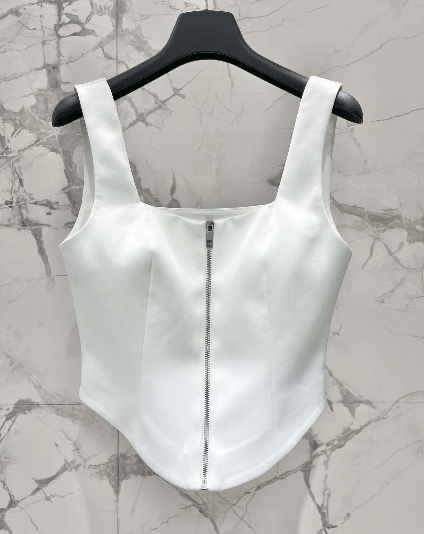

White Zipper Square Collar Slim Fit Acetate Vest ort Svel Top for Women High Defn Cold Tone Princ Sle