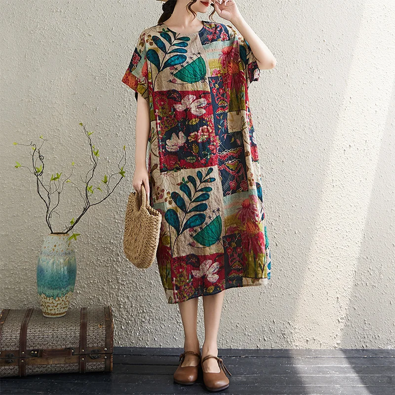 

Summer plus Size Women's Cotton Linen Short Sleeve Midi Dress Vintage Print Artistic Casual Comfortable A-Line Skirt Dress