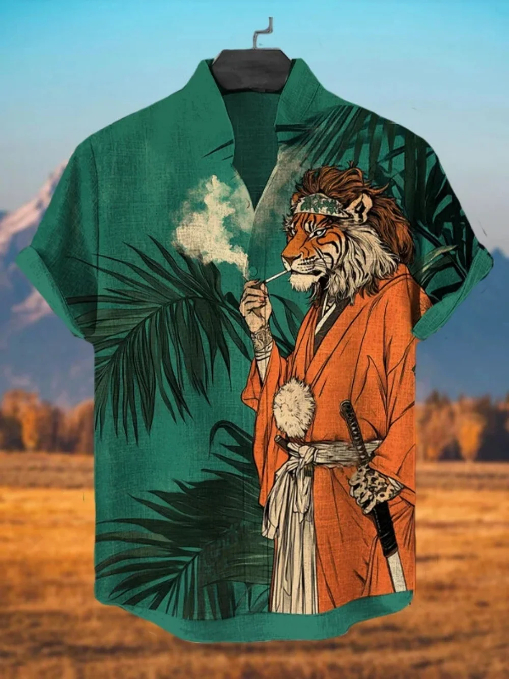 

Men's Short Sleeve Stand up Collar Shirt 2025 New Animal Printed Linen Cardigan Top Street Fashion Clothing for Men