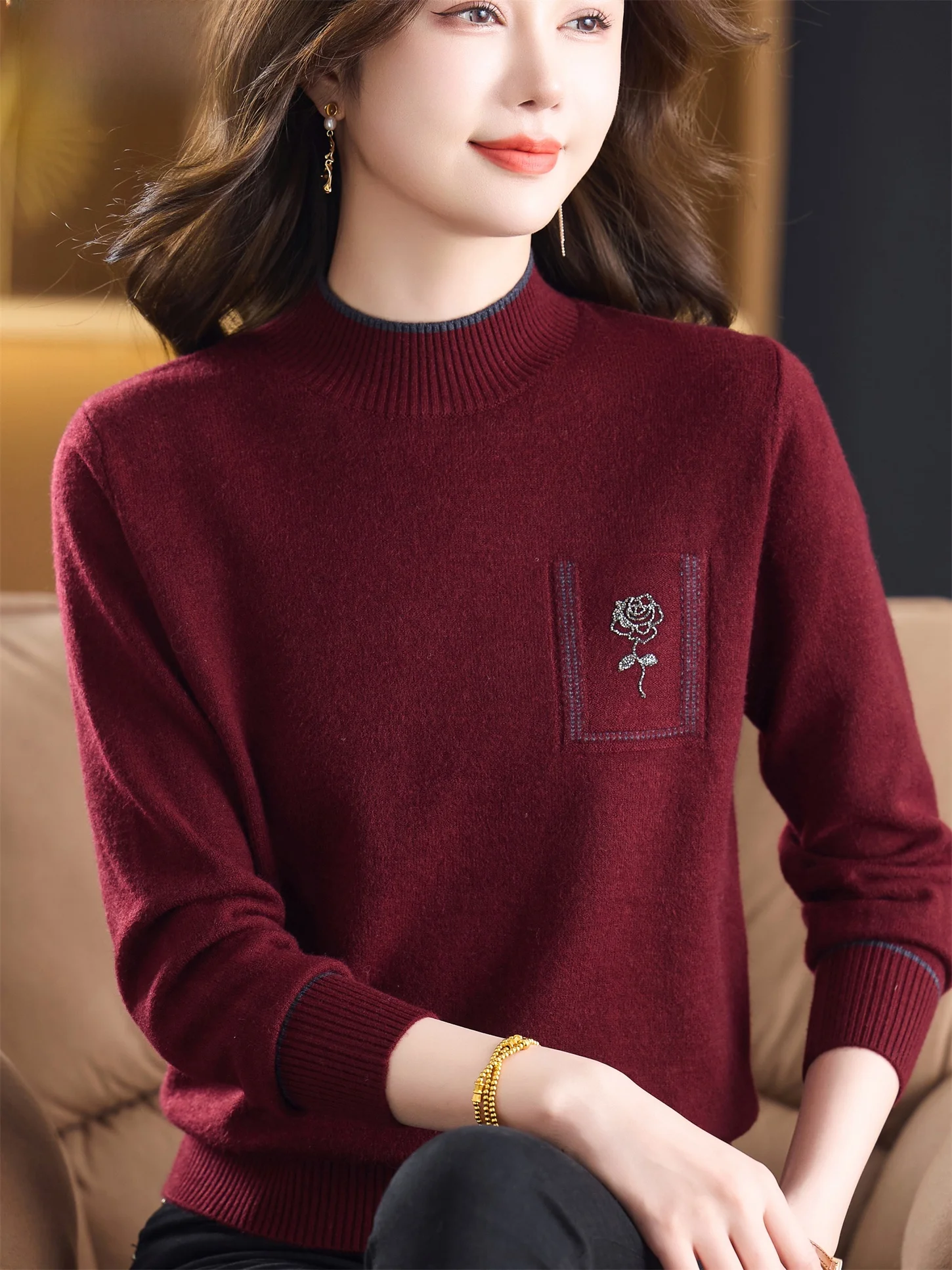 

Slimming Effect Woolen Sweater Mid-aged And ly Faionable Embroidered f-high Collar Loose Base irt for Women