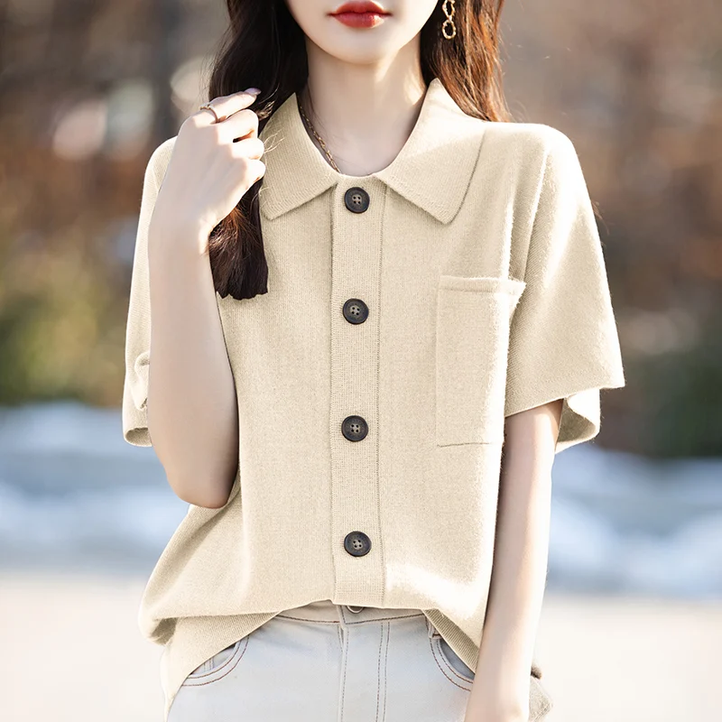 2024 Spring and summer Lapel Cashmere short sleeve cardigan Luxury Casual Lapel Cashmere short sleeve Cardigan Women