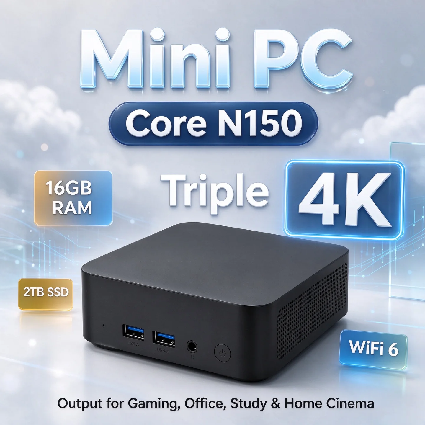 コンパクトなデスクトップpc。16gbメモリ、intel-core-n150プロセッサ、1tbまたは2tbのssd、wi-fi-6、トリプル4k出力に対応。オフィスや学習、ホームシアターに最適。
