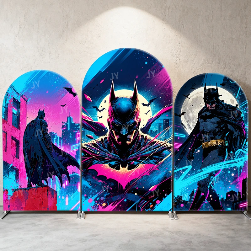 

Batman Pink Blue Cyber Theme Arch Backdrop Cover Moonlit City Cartoon Background For Kids Birthday Baby Shower Party Decoration