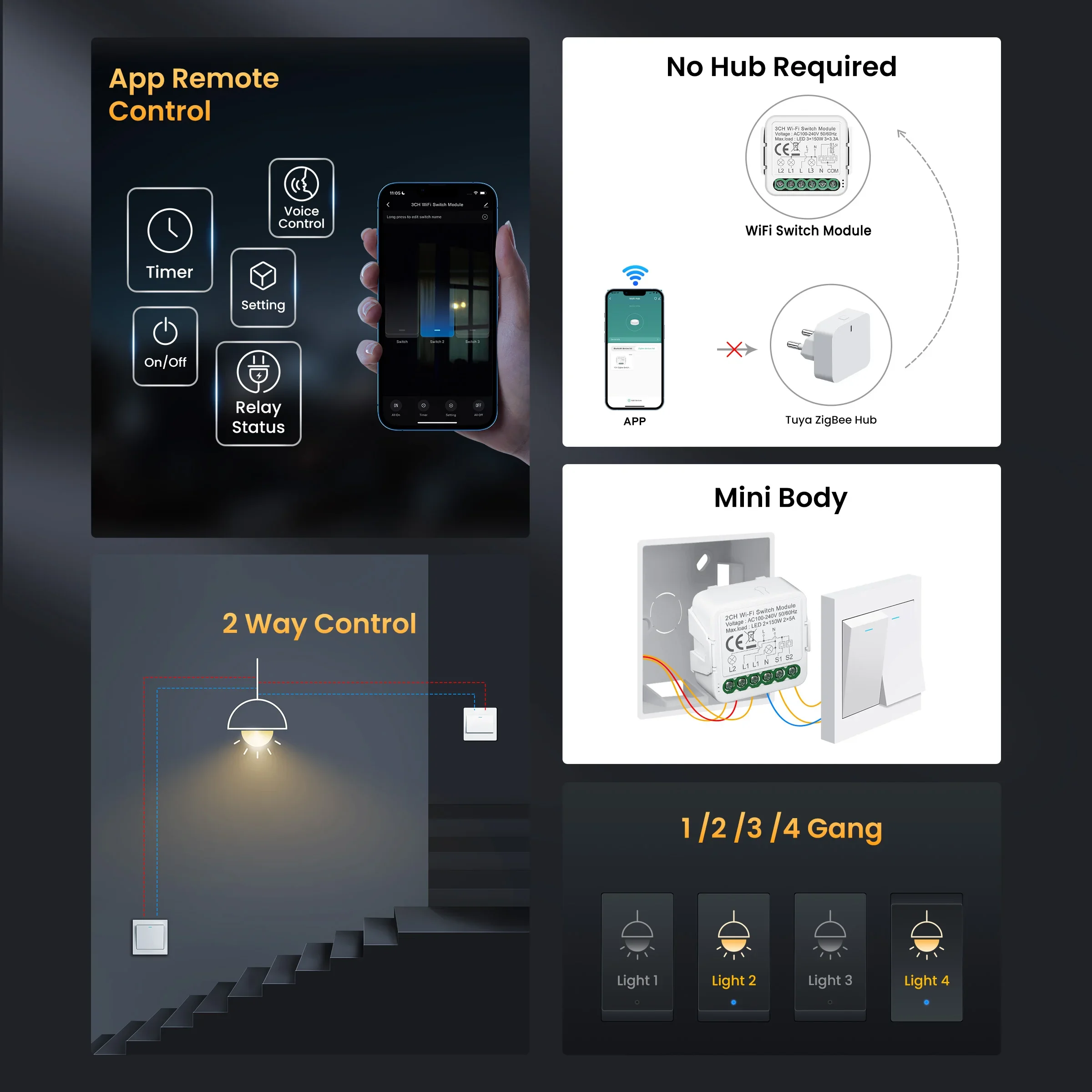 GIRIER Tuya Smart Switch Module WiFi Light Breaker 100-240V Supports 2-way Control for Home Automation Support Alexa Hey Gooigle