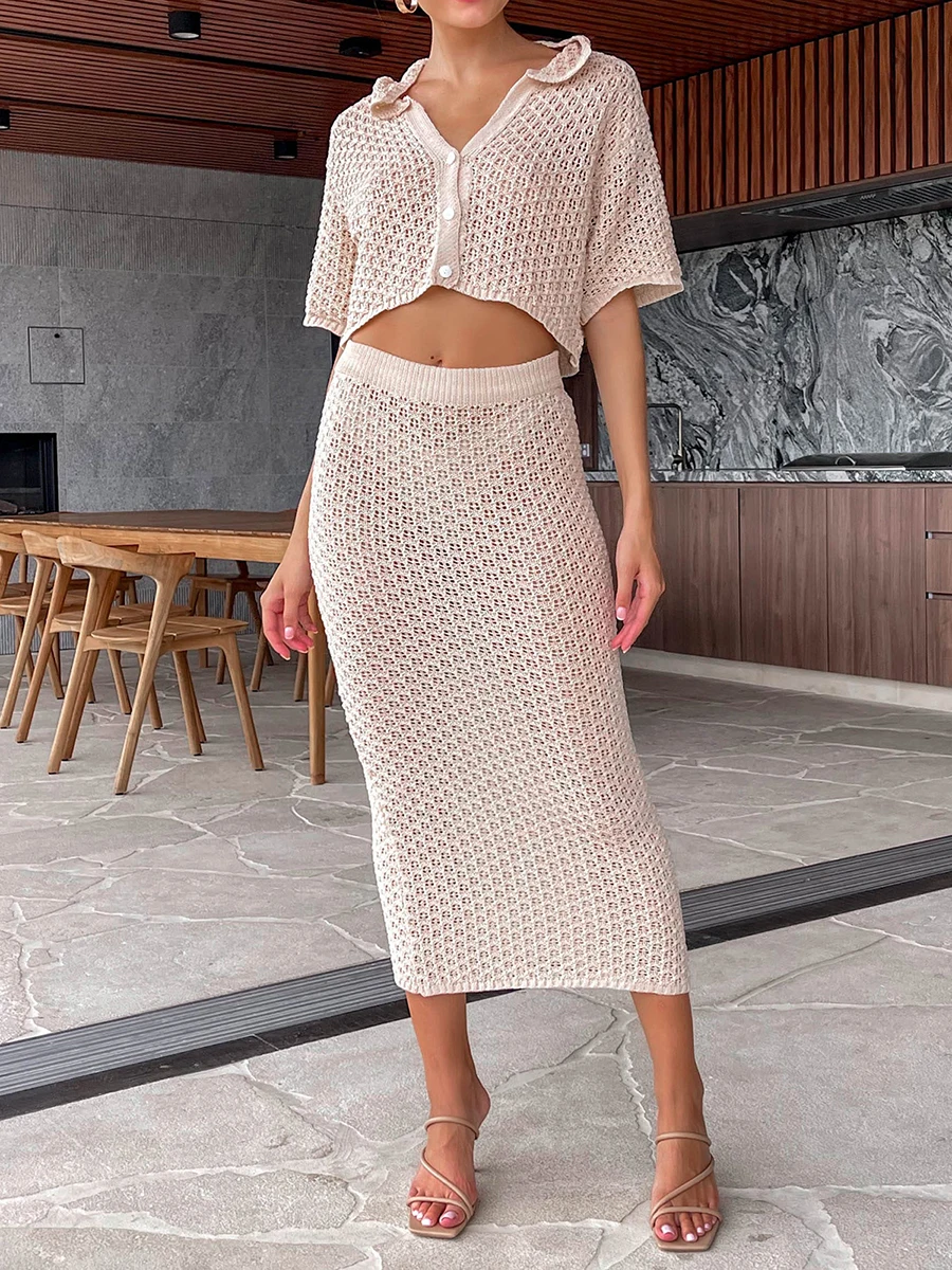 Women Casual Crochet Knit 2 Piece Skirt Sets Sleeveless Tank Shirt Tops High Waist Slit Long Dress