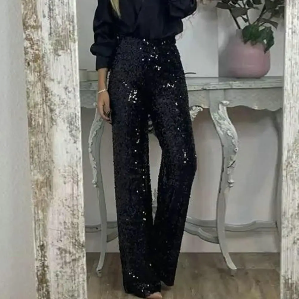 Women Flattering Leg Shape Pants Sequins High Waist Flared Pants for Women Slim Fit Shining Trousers Solid Color Elastic