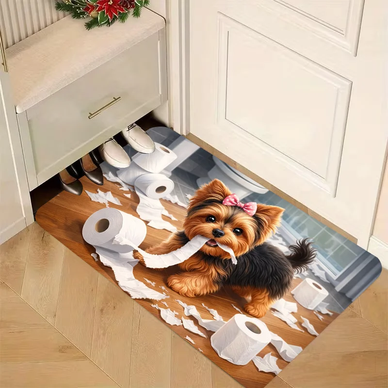 1pc, 2D Flat Printing, Yorkshire Terrier Puppy Quirky Bathroom Mat, Non-Slip Machine Washable Easy Clean Polyester Carpet, Sui