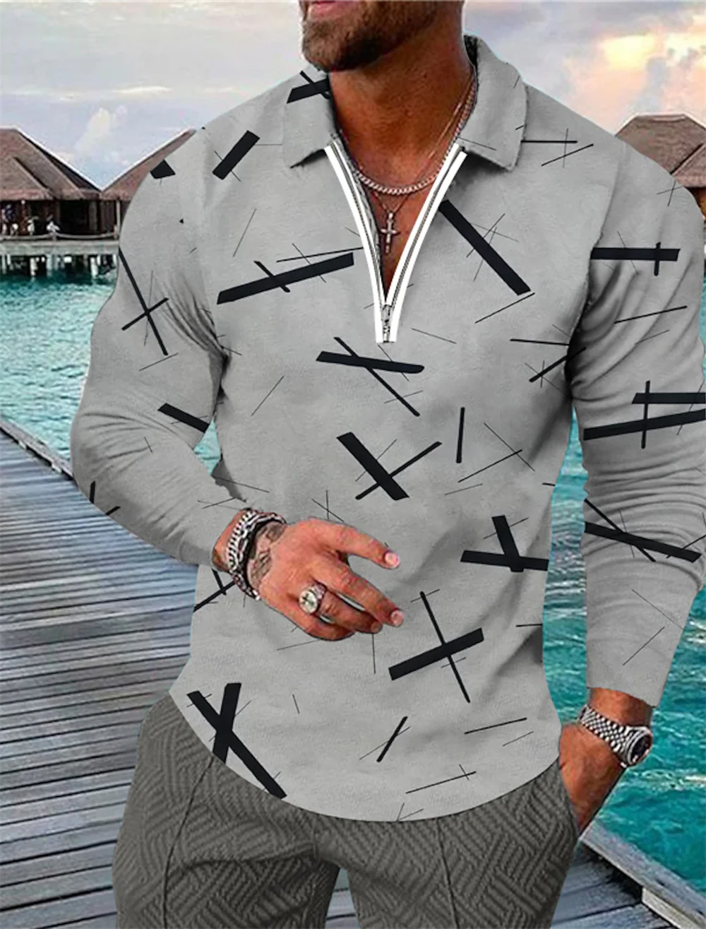 3D Pattern Print Golf Shirts Mens Hawaii Beach Zipper Design Mens Polo Shirts Tops Casual Sport Long Sleeve T-Shirt Man Clothing