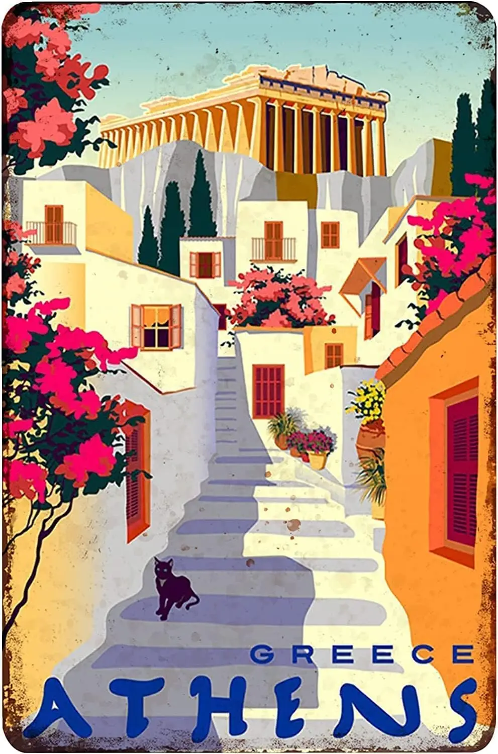 Vintage Tin Sign Signs Athens Greece Street Acropolis Parthenon Travel Retro Wall Art Art  Inches Art Wall Decor