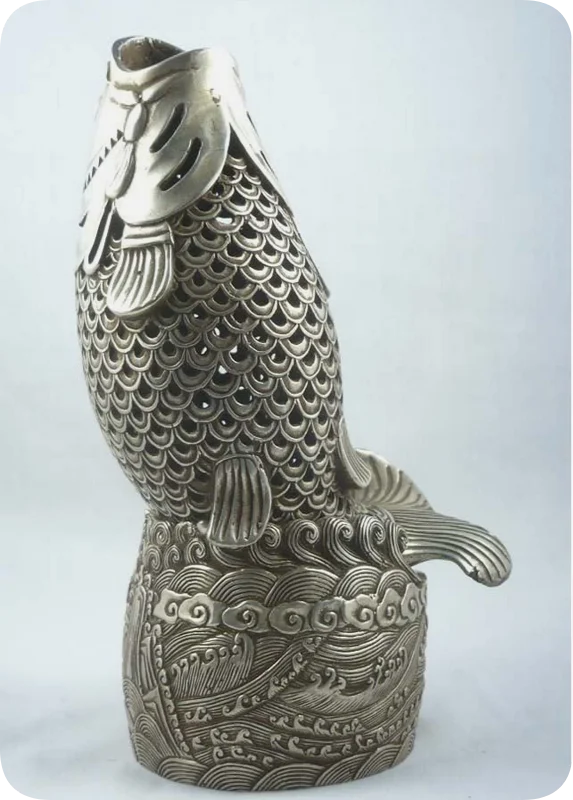 หายาก Oriental ทิเบตเงินเหมือนจริงรูปปลาธูป Burners Censer h:20 ซม