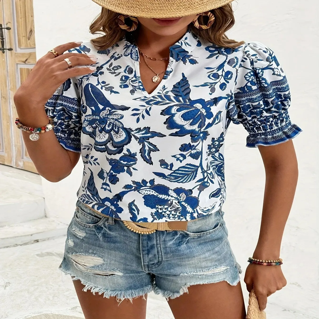 

Floral Print Slim Fit Long Sve irt Casual V Ne ort Sve Top Women's Faion Summer 2025 Versatile Sle