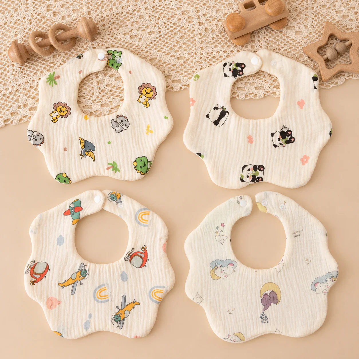 4Pcs Ultra-Soft Waterproof Gauze baby Drool Bibs for 0-3 Years. Snap Button Design, Machine Washable, Comfy for Autumn & Winter.