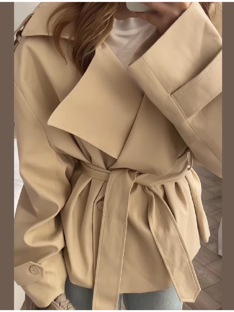 Damen Vintage Khaki Schnür-Trenchcoats, locker sitzende Jacken mit Umlegekragen und langen Ärmeln, lässige Herbst-Streetwear für Damen – Detail 4