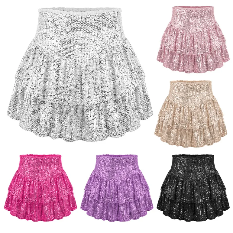 Fasjion Mini Sequin Skirt Women Korean Fashion Sexy High Waist Slim A-line Silver Short Skirt with Paillettes Party Club