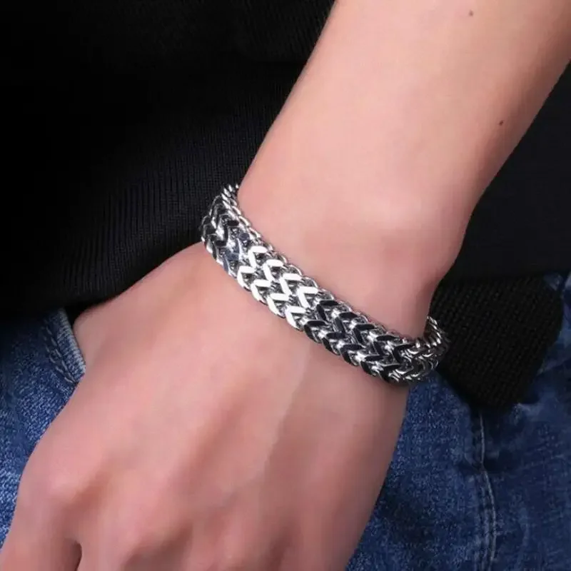 Classic Versatile Silver Color Chain Bracelet Men\\\'s Stainless Steel Bracelet with Metal Magnetic Buckle Bracelet