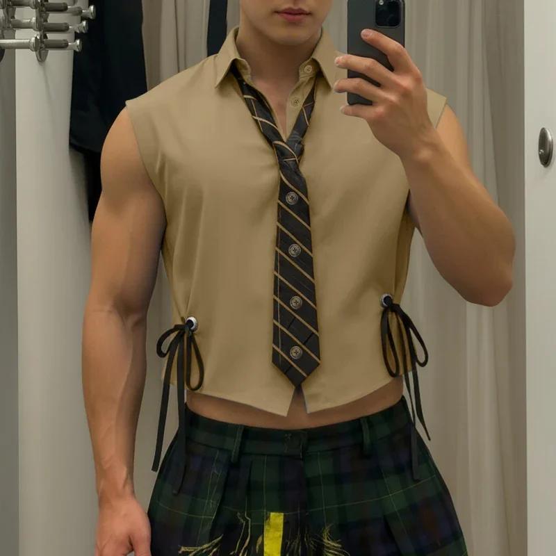 

INCERUN Men Shirt Patchwork Lapel Sleeveless Lace Up Men Clothing With Tie Loose Streetwear Fashion Casual Crop Tops Men Camisas