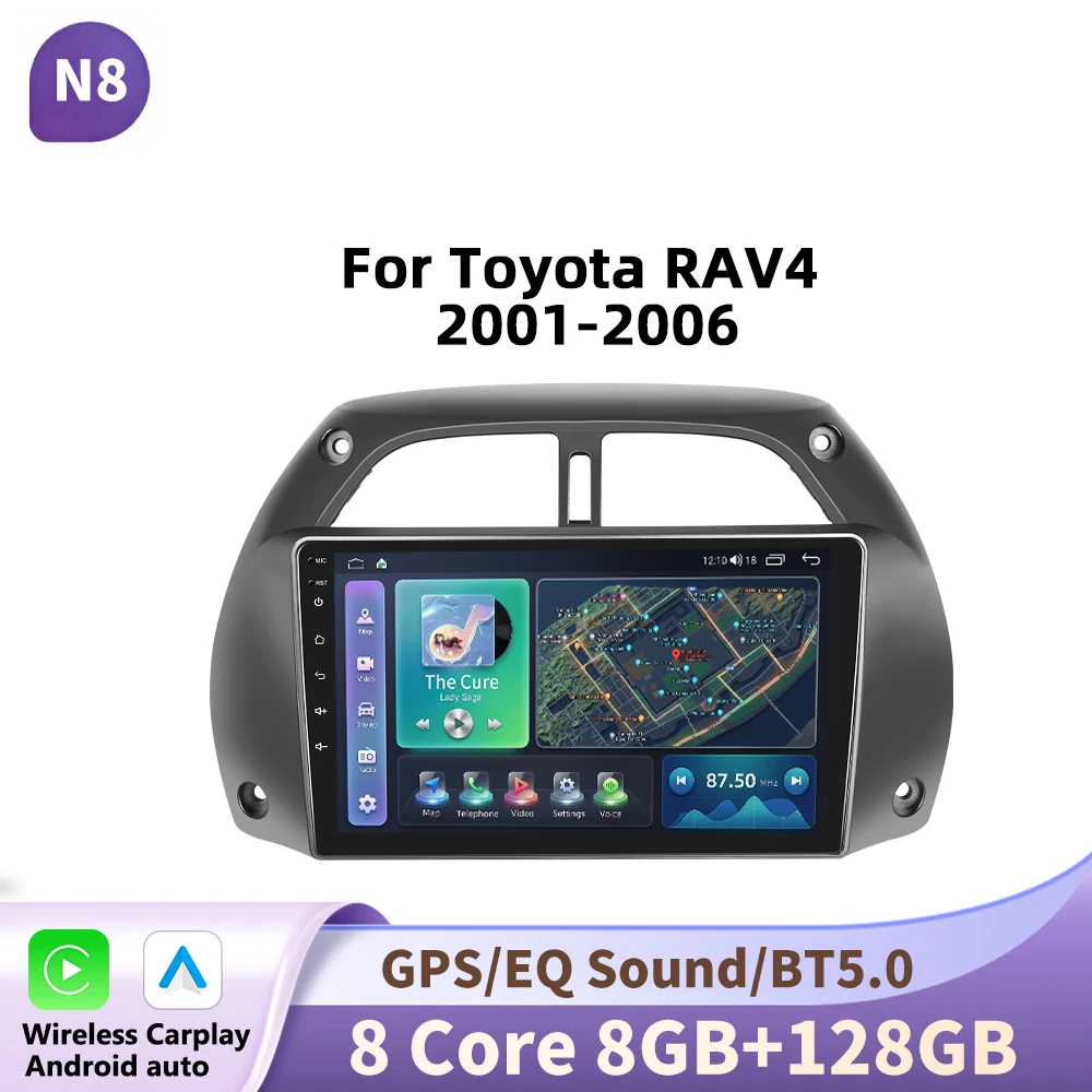 Podofo draadloze CarPlay voor Apple Android Auto autoradio voor Toyota RAV4 2001-2006 2din GPS multimedia touchscreen