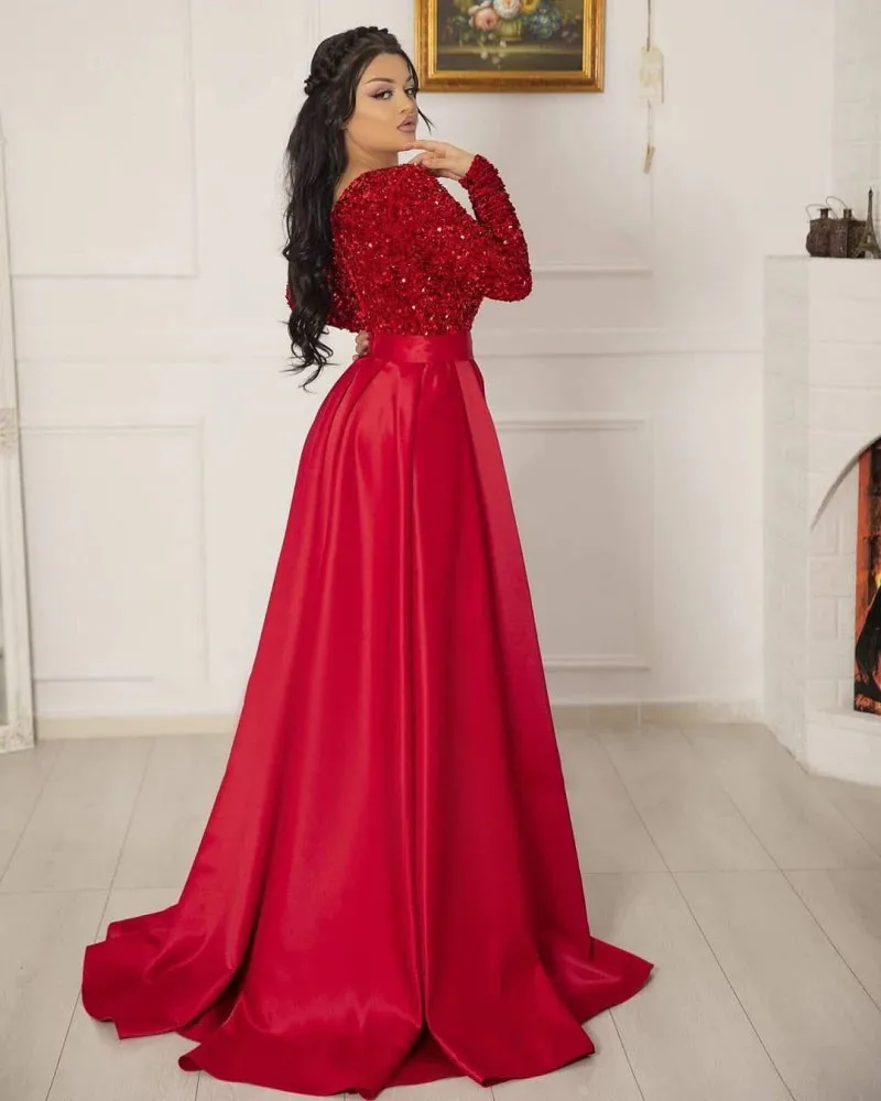 Vestido De noche elegante De corte A con lentejuelas, cuello en V, mangas completas, tren De barrido, Vestido Formal De fiesta para mujer, Vestido De noche con abertura