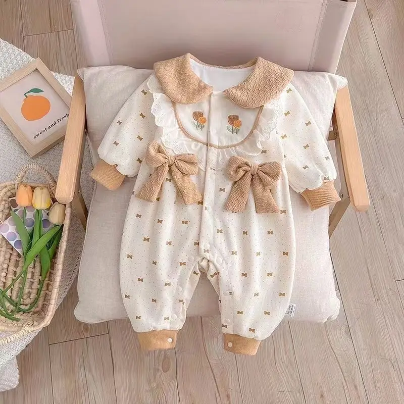 2026 New Baby Girls Clothes Autumn Newborn Babe Double Layer Jumpsuit 0-2Y Cute Bow Peter Pan Collar Romper Sweet Infant Outwear