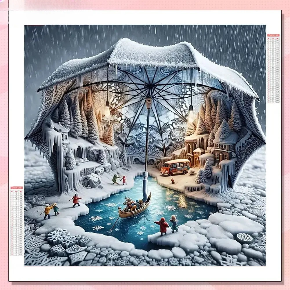 Алмазная картина, зимовый пейзаж, зонтик, полная дрель, круглые акриловые стразы без рамы, домашний офис, Настенный декор, праздничный подарок