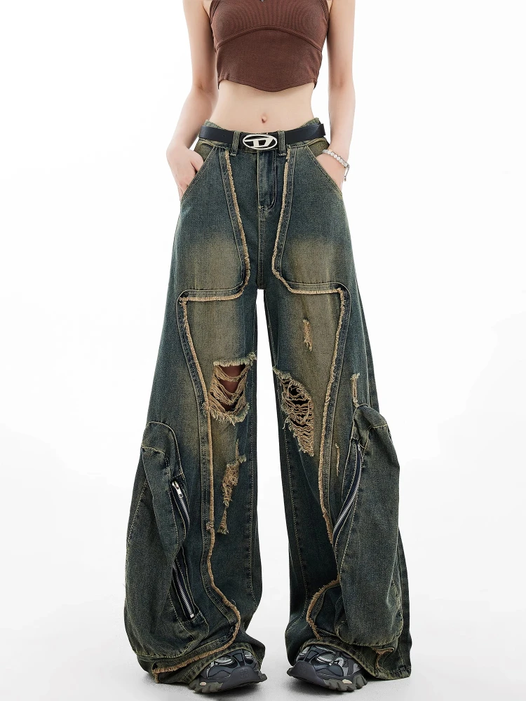 

American Retro Workwear Denim Jeans Women Loose Slimming Design Casual Wide Leg Pants Torn Hole Youth Faion Jeans