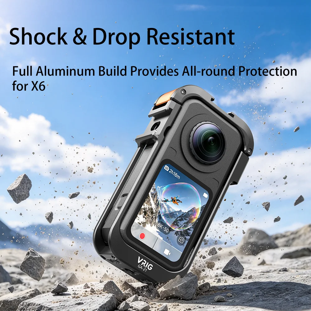 VRIG GA-21 Metal Video Cage for Insta360 X6 Aluminum Frame with Cold Shoe 1/4 Thread Magnetic Charging Vlog Accessories